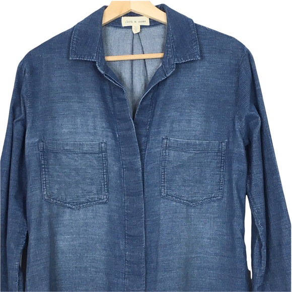 Anthropologie Cloth & Stone Slit Hem Roll Tab Long Sleeve Button Up Blouse - Picture 6 of 11